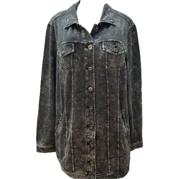 Lovesick +4 Black Washed-Out Get Lost Graphic Button Pockets Long Sleeve Shacket - Picture 2 of 6